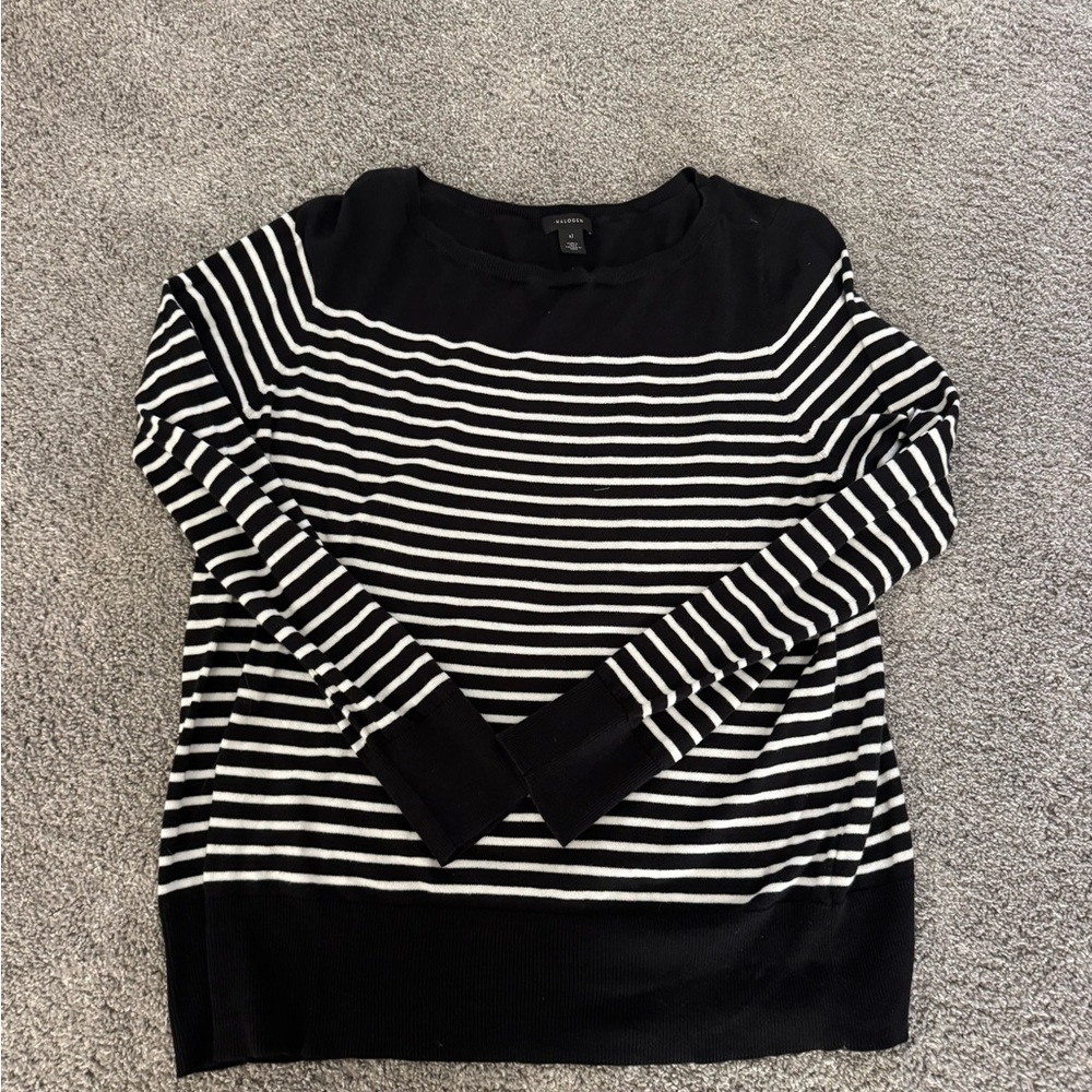 Halogen Black and White Striped Crew Neck Sweater